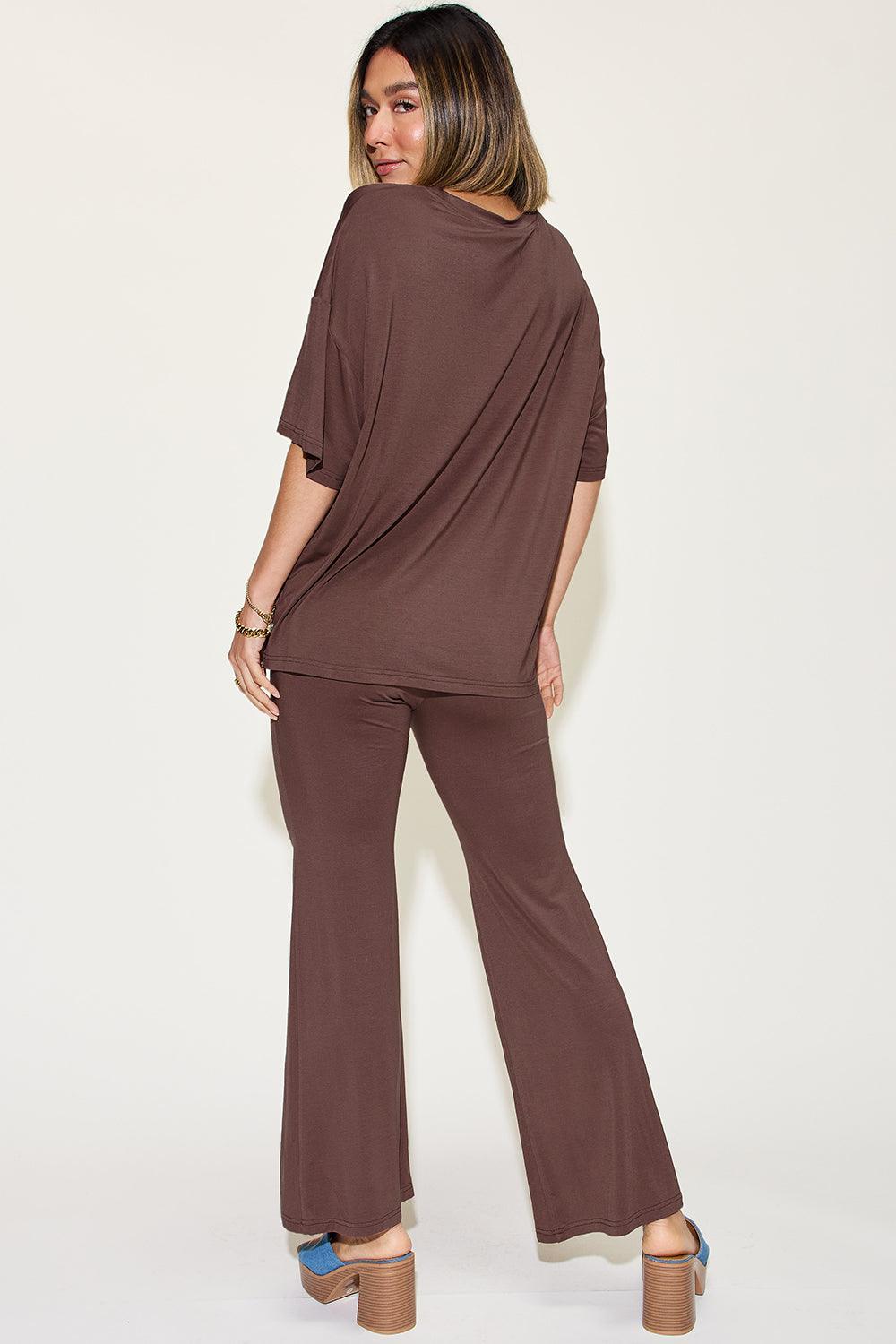 Basic Bae Full Size Bamboo Drop Shoulder T-Shirt and Flare Pants Set Carauana Store
