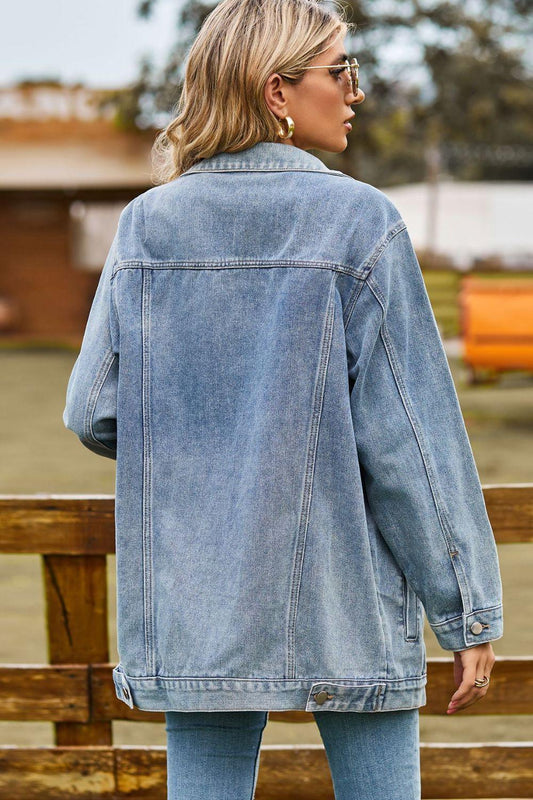 Buttoned Collared Neck Denim Jacket with Pockets Carauana Store
