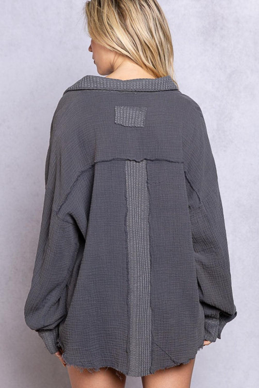 POL Texture Half Button Long Sleeve Top Carauana Store