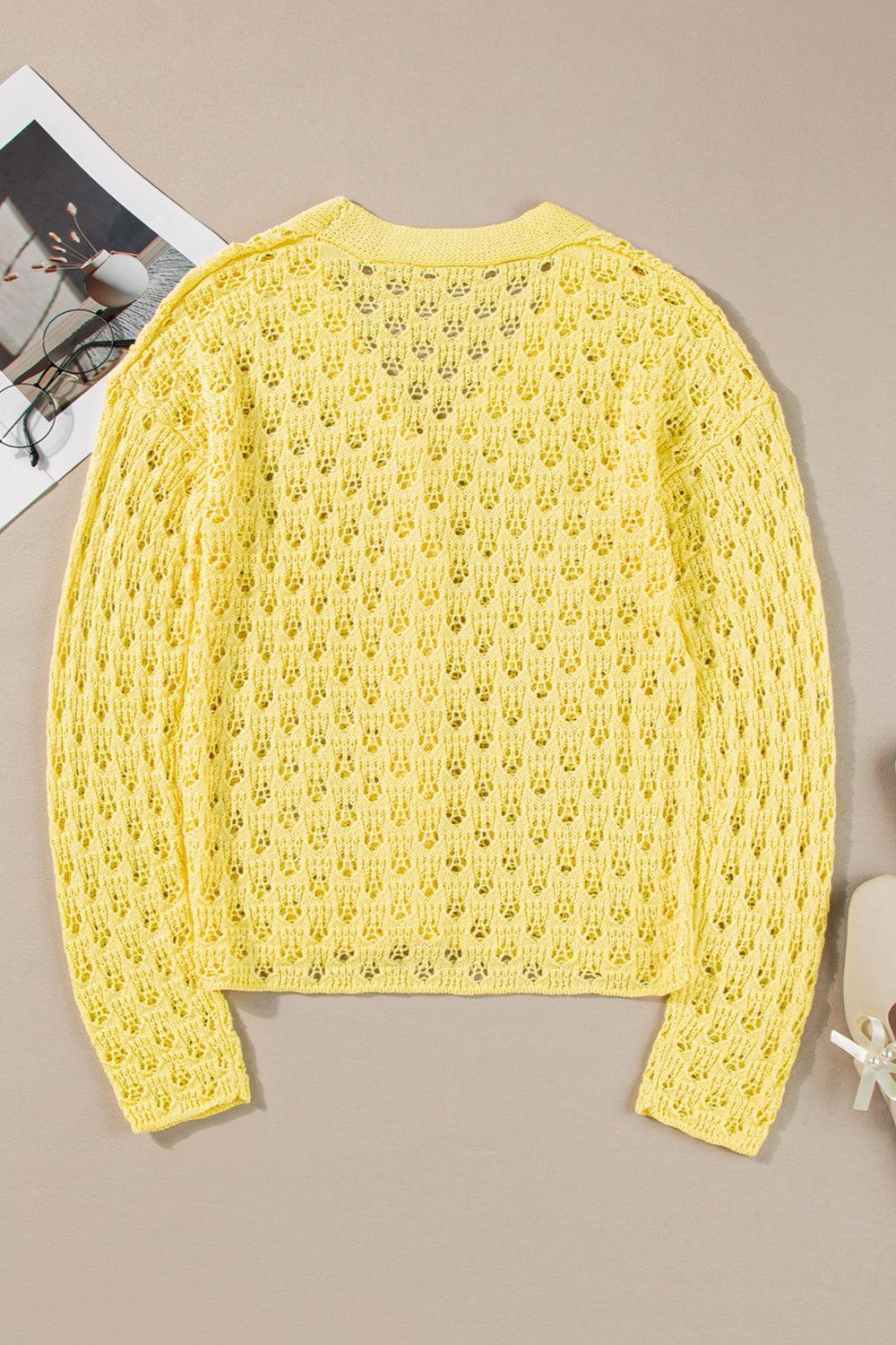 Openwork V-Neck Long Sleeve Cardigan Carauana Store