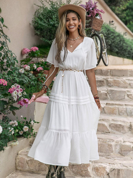 Tie Neck Short Sleeve Ruffle Hem Dress Carauana Store