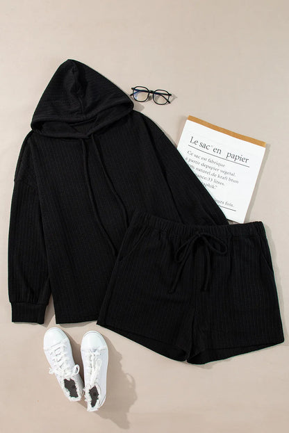 Plus Size Drawstring Dropped Shoulder Hoodie and Shorts Set Carauana Store