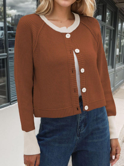 Contrast Button Up Long Sleeve Cardigan Carauana Store