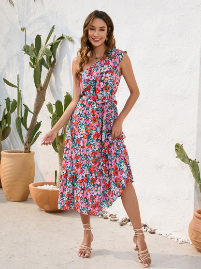 Ruffled Printed One Shoulder Midi Dress Carauana Store