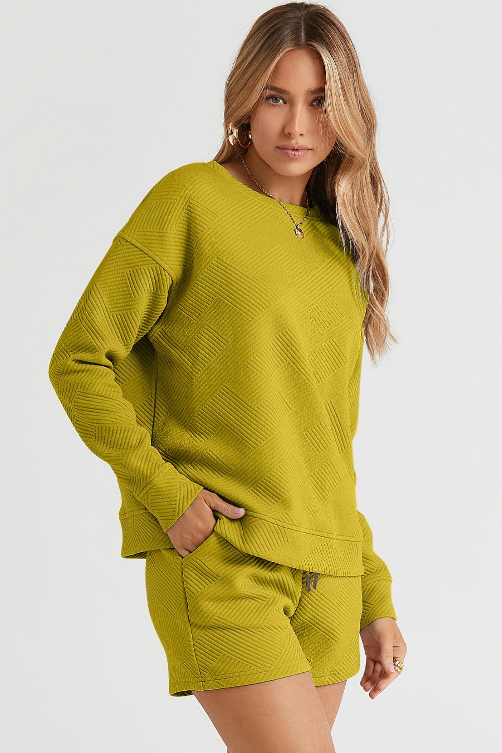 Double Take Full Size Texture Long Sleeve Top and Drawstring Shorts Set Carauana Store
