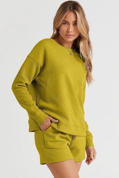 Double Take Full Size Texture Long Sleeve Top and Drawstring Shorts Set Carauana Store