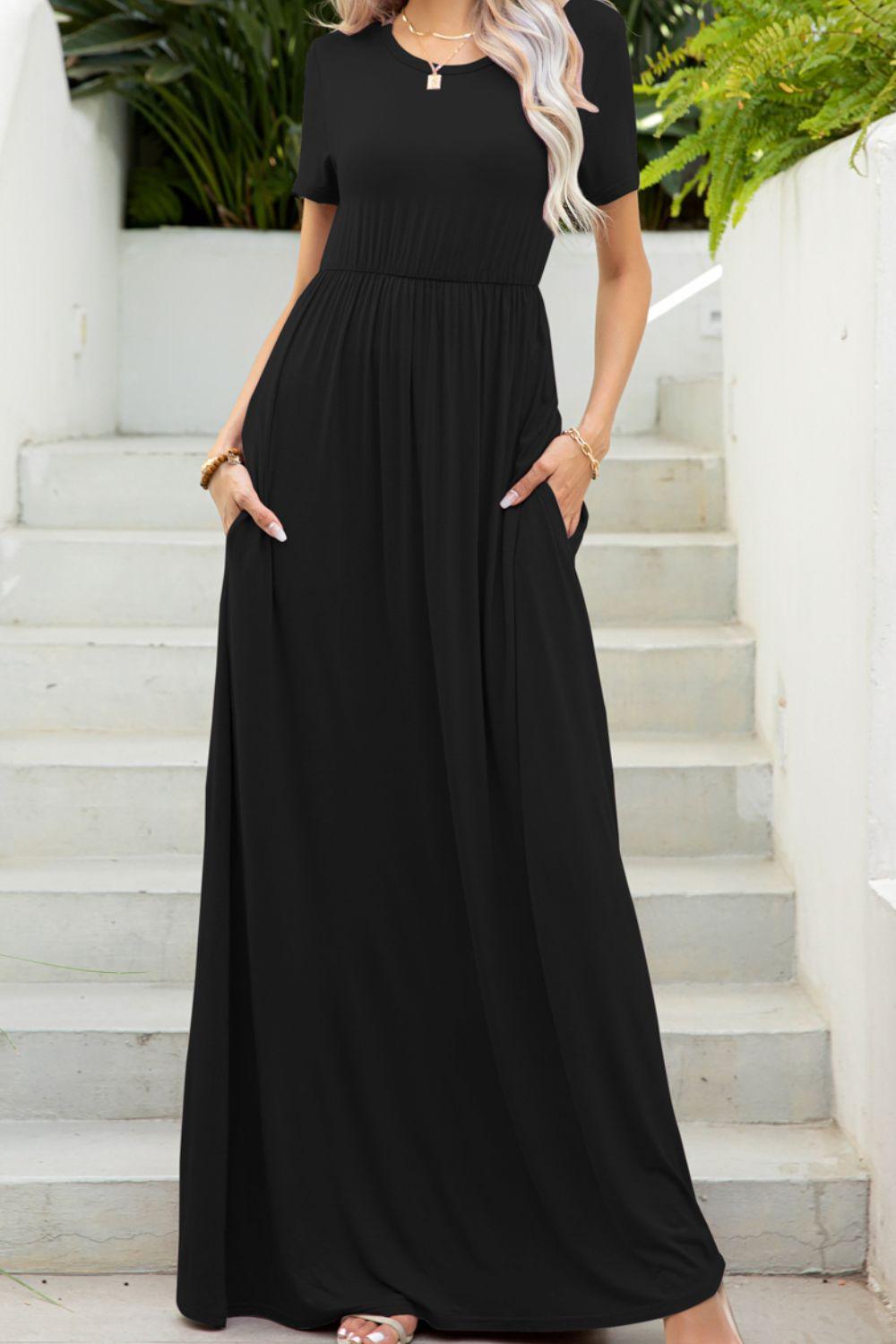 Round Neck Maxi Tee Dress with Pockets CaRaUaNa Fashion