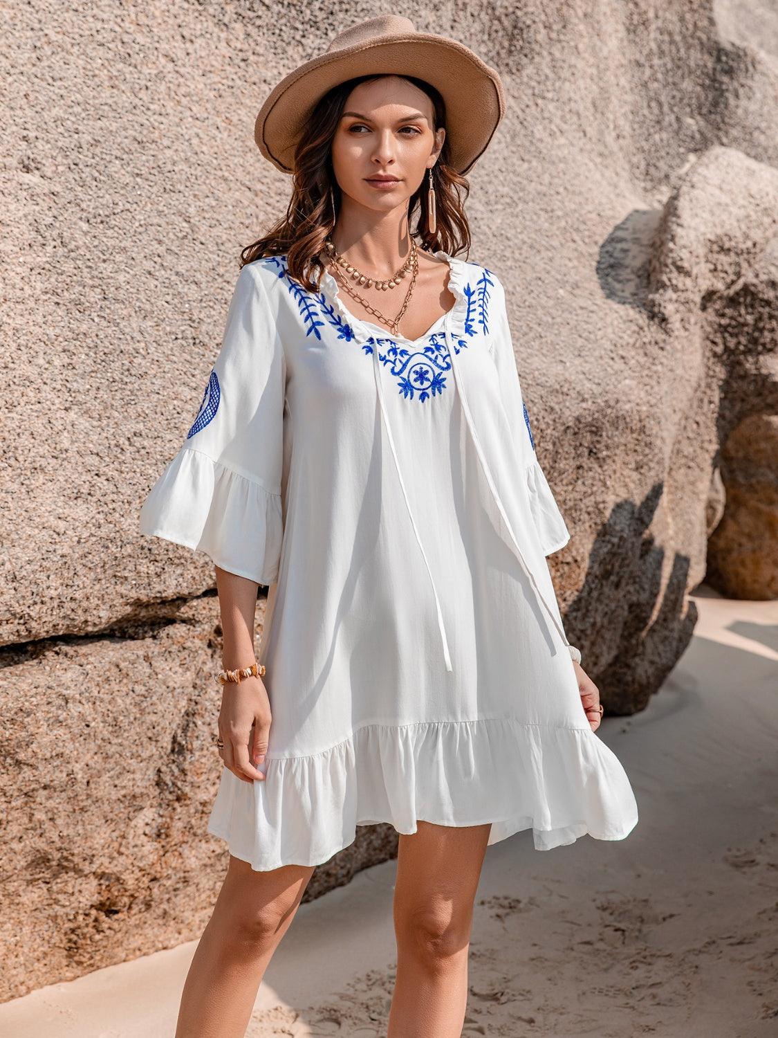 Printed Tie Neck Flounce Sleeve Mini Dress Carauana Store