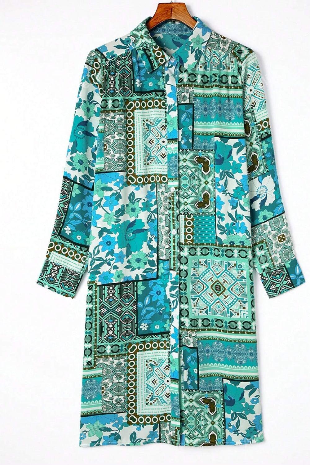 Printed Button Up Long Sleeve Cardigan Carauana Store