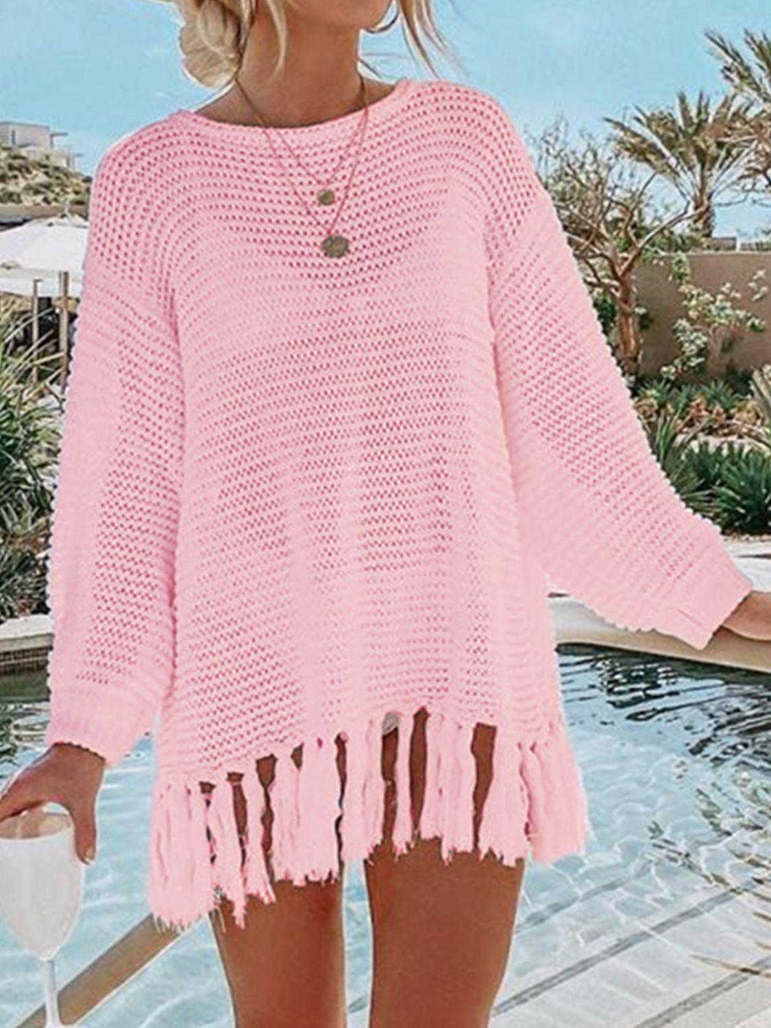 Double Take Openwork Tassel Hem Long Sleeve Knit Cover Up Carauana Store