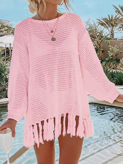 Double Take Openwork Tassel Hem Long Sleeve Knit Cover Up Carauana Store