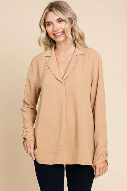 Culture Code Full Size Lapel Collar Ruched Long Sleeve Blouse Carauana Store