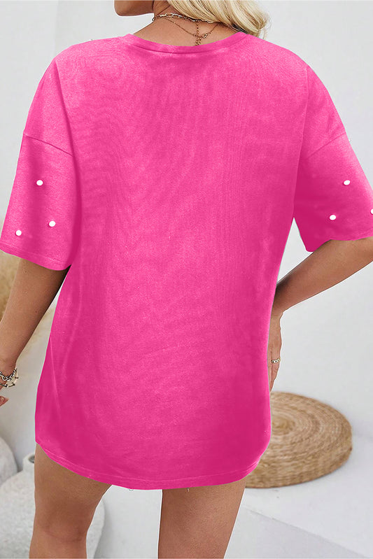 Bright Pink Pearl Beaded Drop Shoulder Crewneck T Shirt
