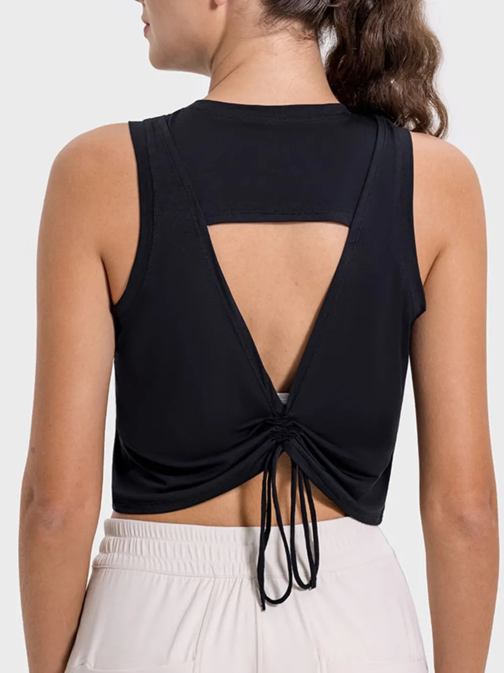 Millennia Drawstring Cutout Round Neck Active Tank Carauana Store