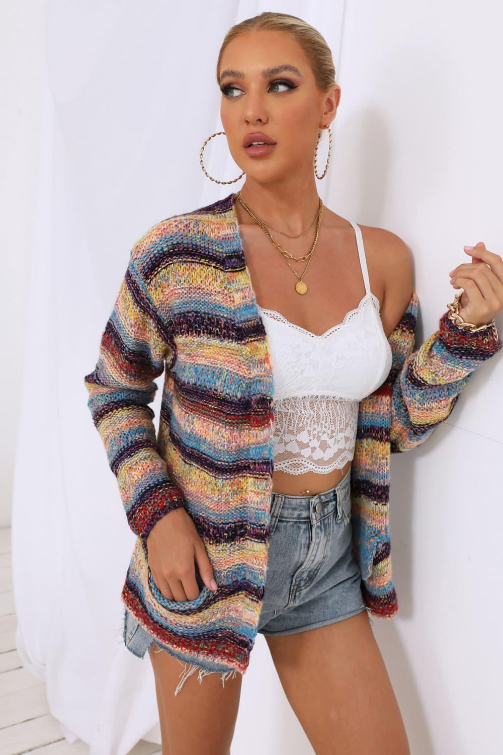 Striped Long Sleeve Open Front Cardigan Carauana Store