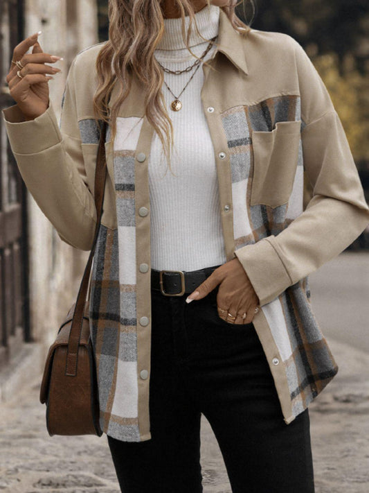 Perfee Plaid Snap Down Long Sleeve Shacket Carauana Store