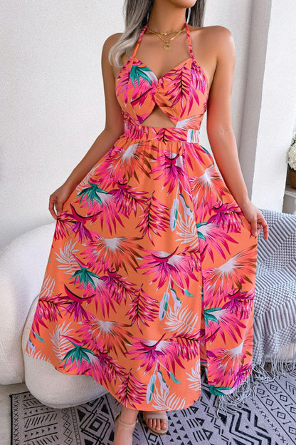 Botanical Print Tied Backless Cutout Slit Dress Carauana Store