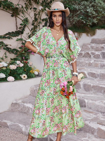 Smocked Floral V-Neck Short Sleeve Dress Carauana Store