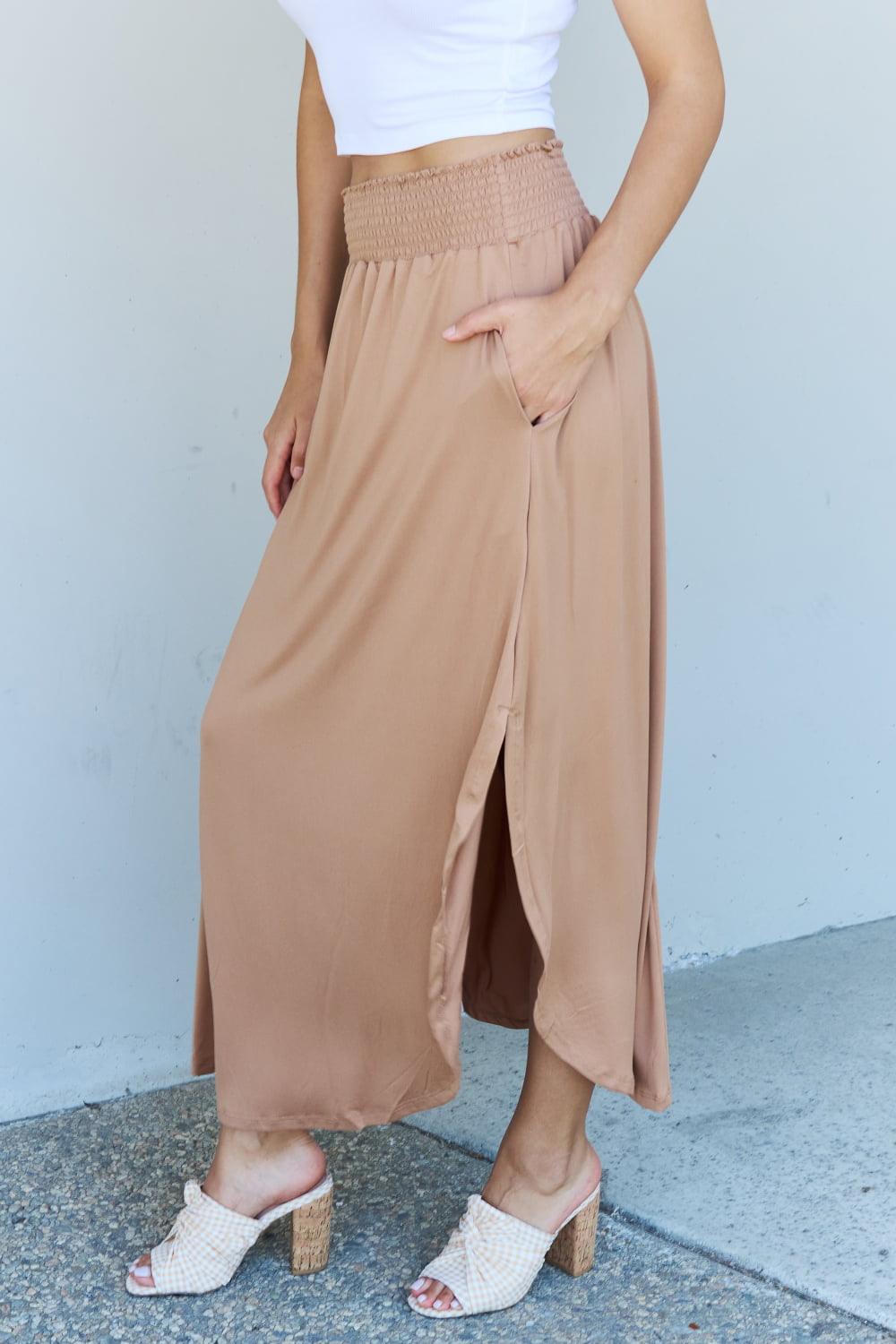 Doublju Comfort Princess Full Size High Waist Scoop Hem Maxi Skirt in Tan Carauana Store