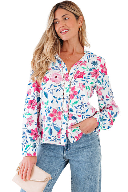 Pink Floral Print Lace Detail Button-up Long Sleeve Shirt