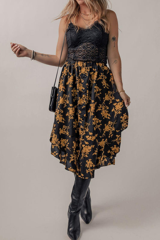 Floral Buttoned Ruffle Hem Skirt Carauana Store