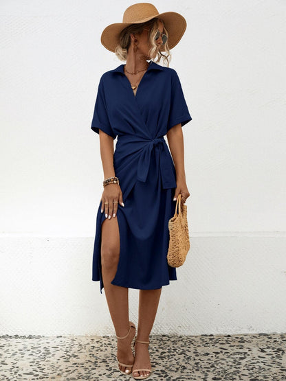 Tied Slit Short Sleeve Dress Carauana Store