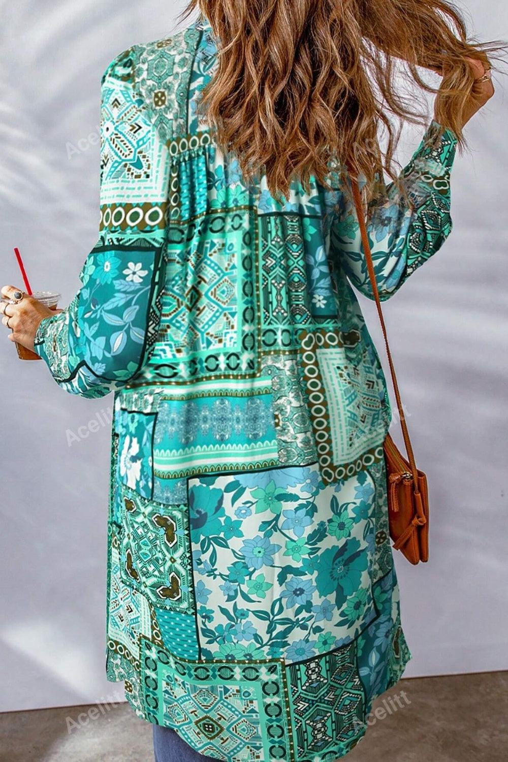 Printed Button Up Long Sleeve Cardigan Carauana Store