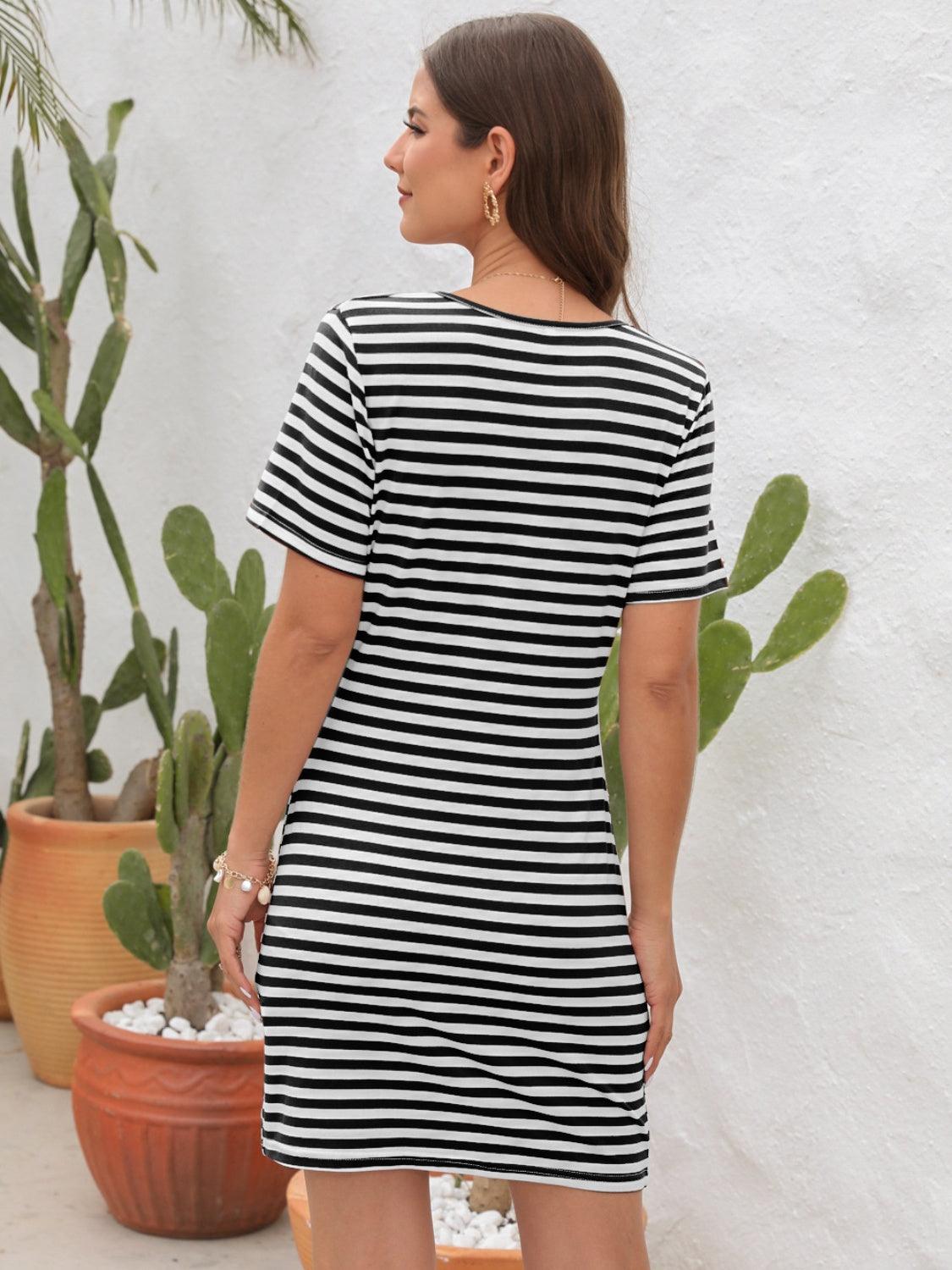 Cutout Striped Round Neck Short Sleeve Dress Carauana Store
