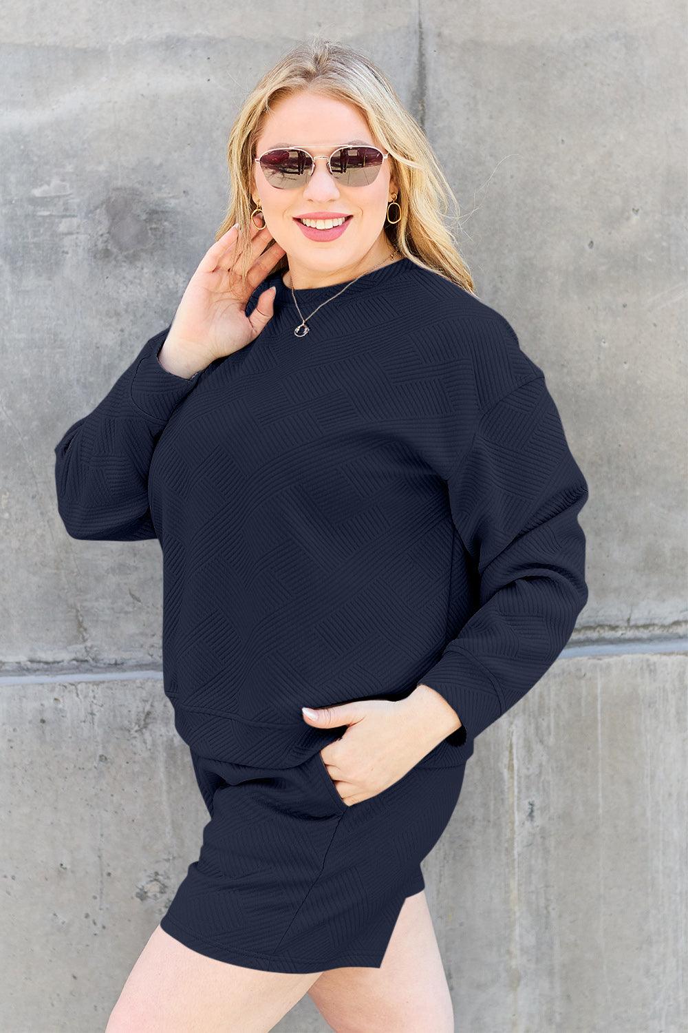 Double Take Full Size Texture Long Sleeve Top and Drawstring Shorts Set Carauana Store