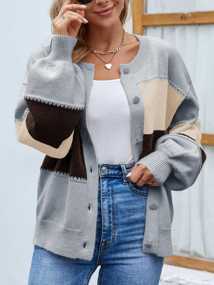 Color Block Button Up Lantern Sleeve Cardigan Carauana Store