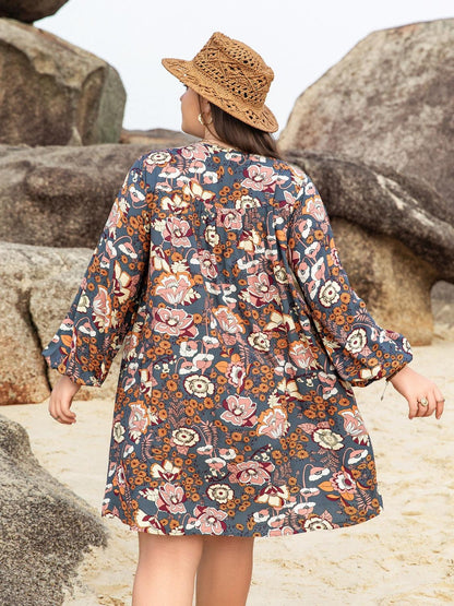 Plus Size Printed V-Neck Balloon Sleeve Mini Dress Carauana Store