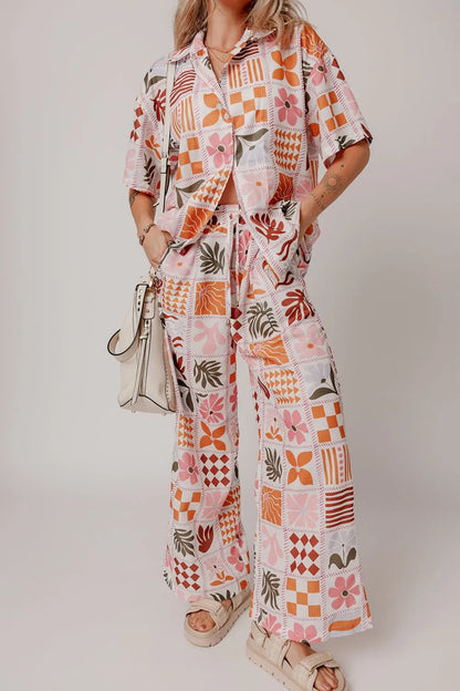 Printed Collared Neck Shirt and Wide Leg Pants Set Carauana Store