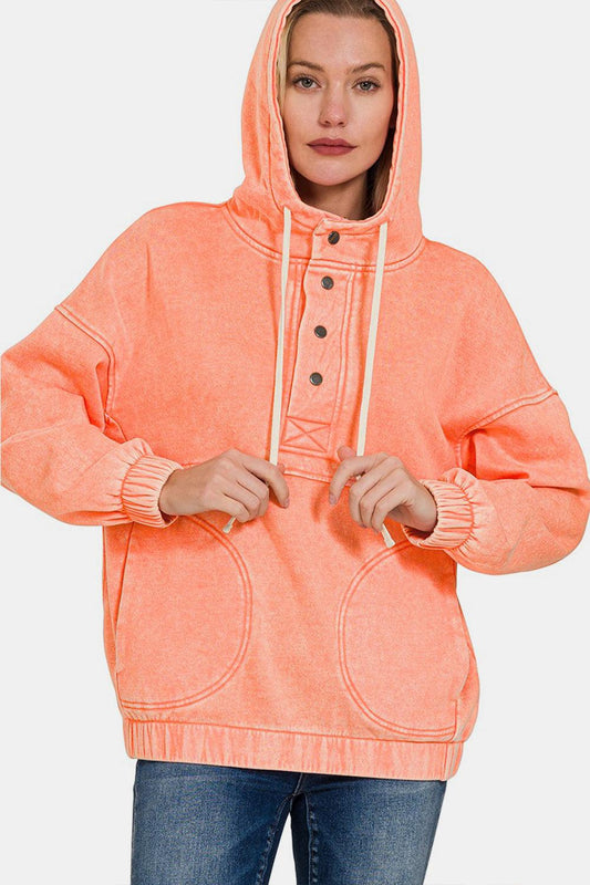Zenana Drawstring Half Snap Dropped Shoulder Hoodie Carauana Store