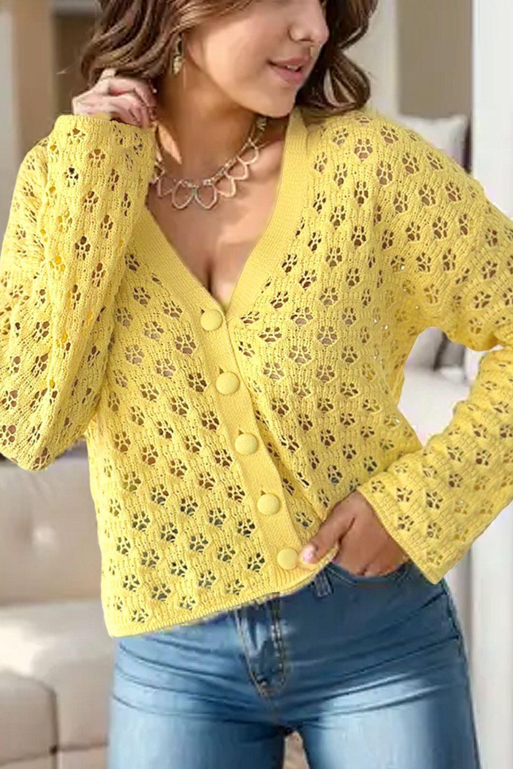 Openwork V-Neck Long Sleeve Cardigan Carauana Store