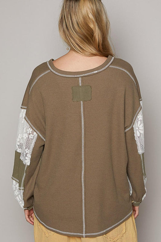 POL V-Neck Lace Balloon Sleeve Exposed Seam Top Carauana Store