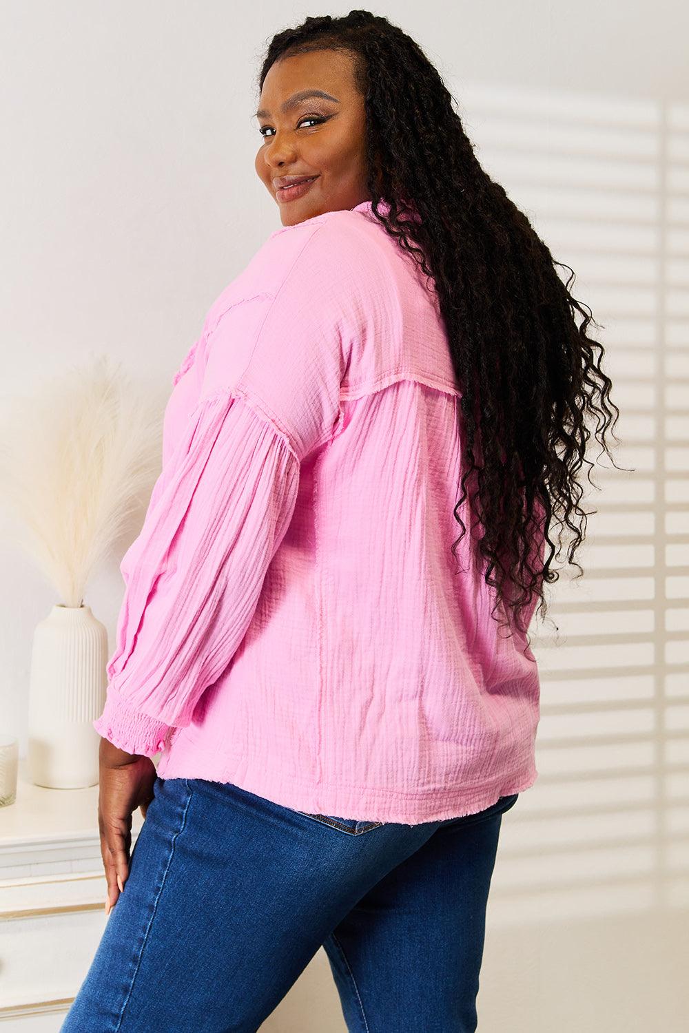 Double Take Exposed Seam Buttoned Notched Neck Blouse Carauana Store