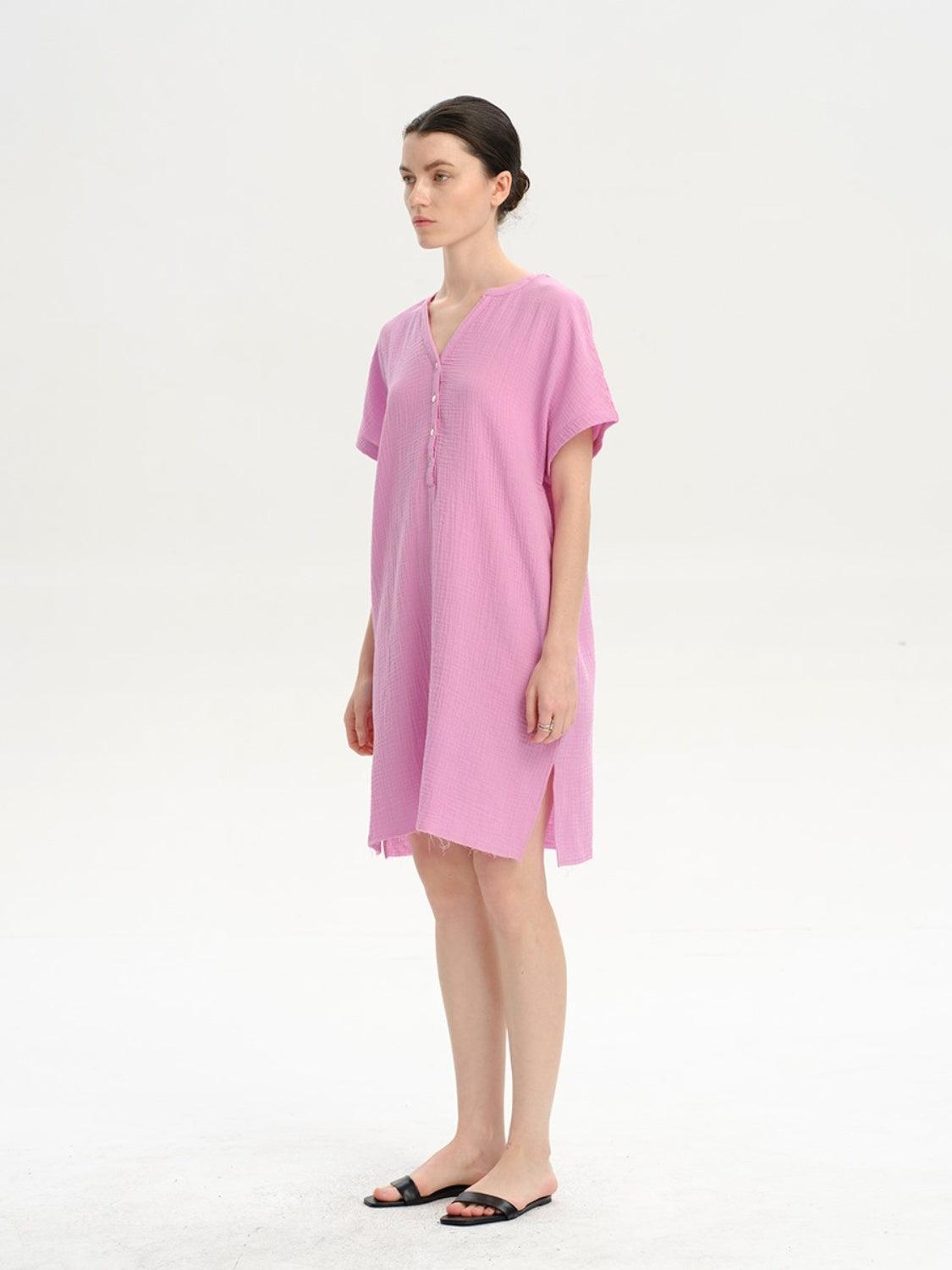 Slit Notched Short Sleeve Mini Dress Carauana Store