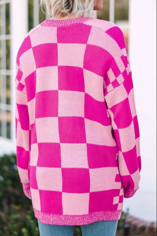 Checkered Open Front Long Sleeve Cardigan Carauana Store