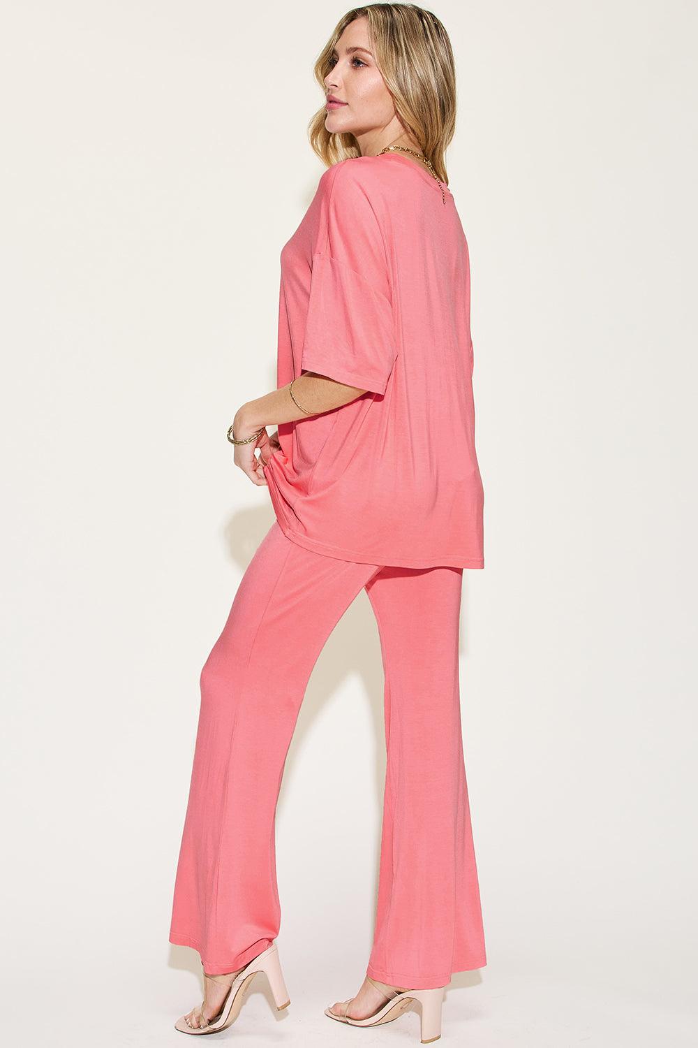 Basic Bae Full Size Bamboo Drop Shoulder T-Shirt and Flare Pants Set Carauana Store