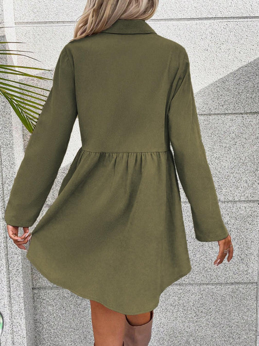 Button Up Collared Neck Long Sleeve Dress Carauana Store