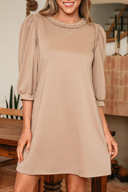 Light French Beige Braided Trim Puff Sleeve Dress