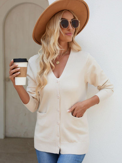 Pocketed V-Neck Button Up Long Sleeve Cardigan Carauana Store