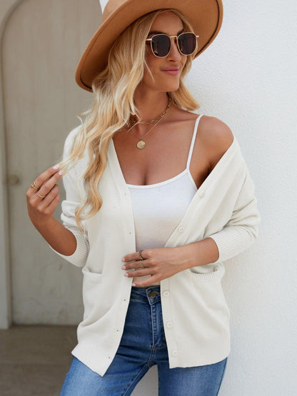 Pocketed V-Neck Button Up Long Sleeve Cardigan Carauana Store
