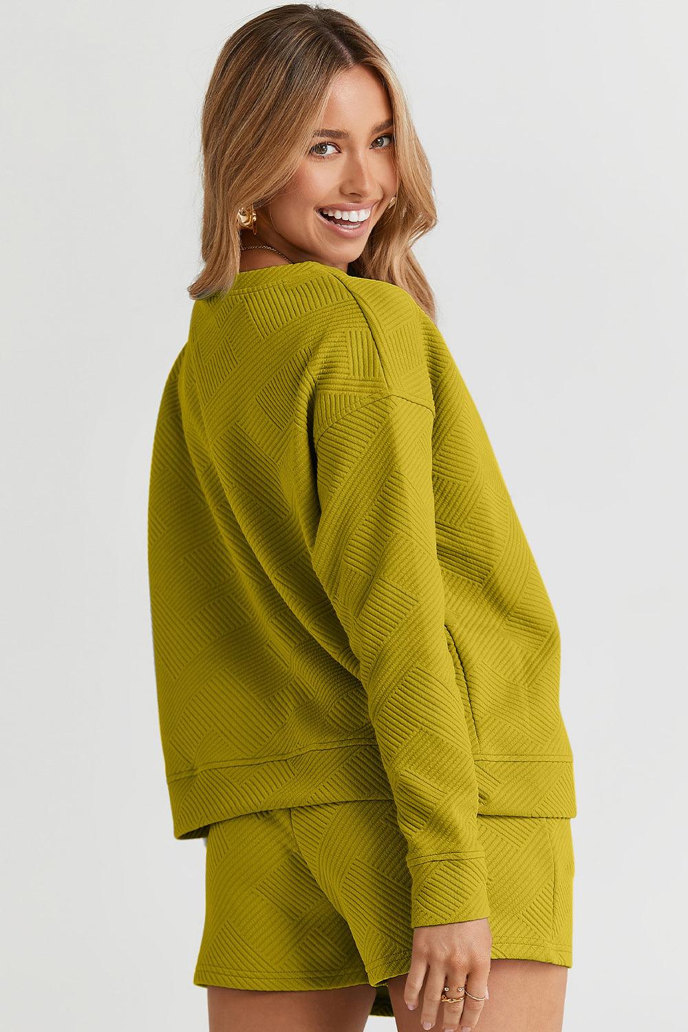 Double Take Full Size Texture Long Sleeve Top and Drawstring Shorts Set Carauana Store