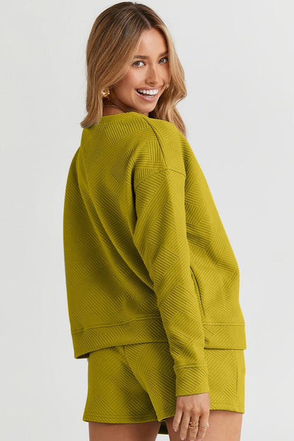 Double Take Full Size Texture Long Sleeve Top and Drawstring Shorts Set Carauana Store