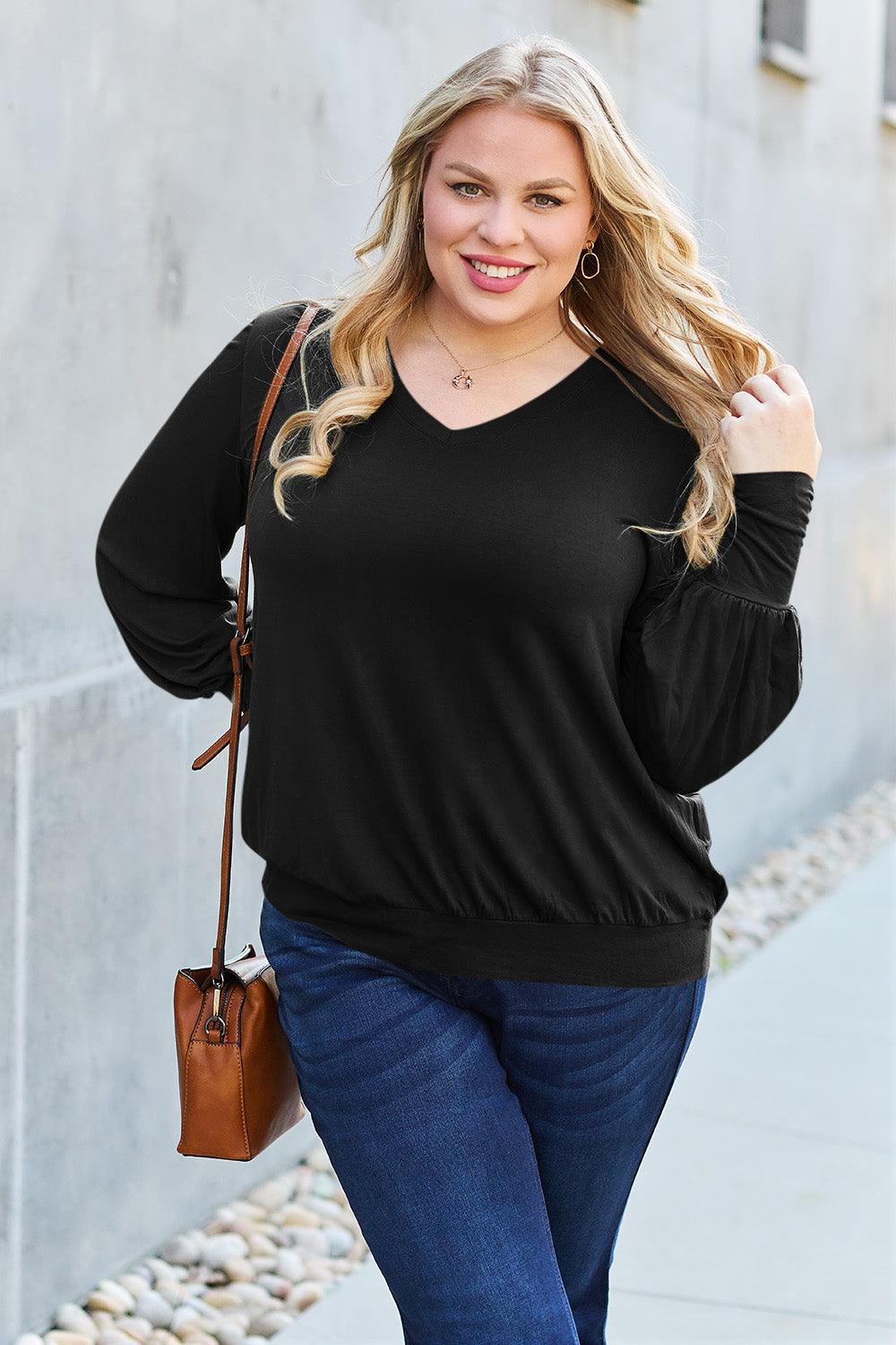 Basic Bae Full Size V-Neck Lantern Sleeve Blouse Carauana Store