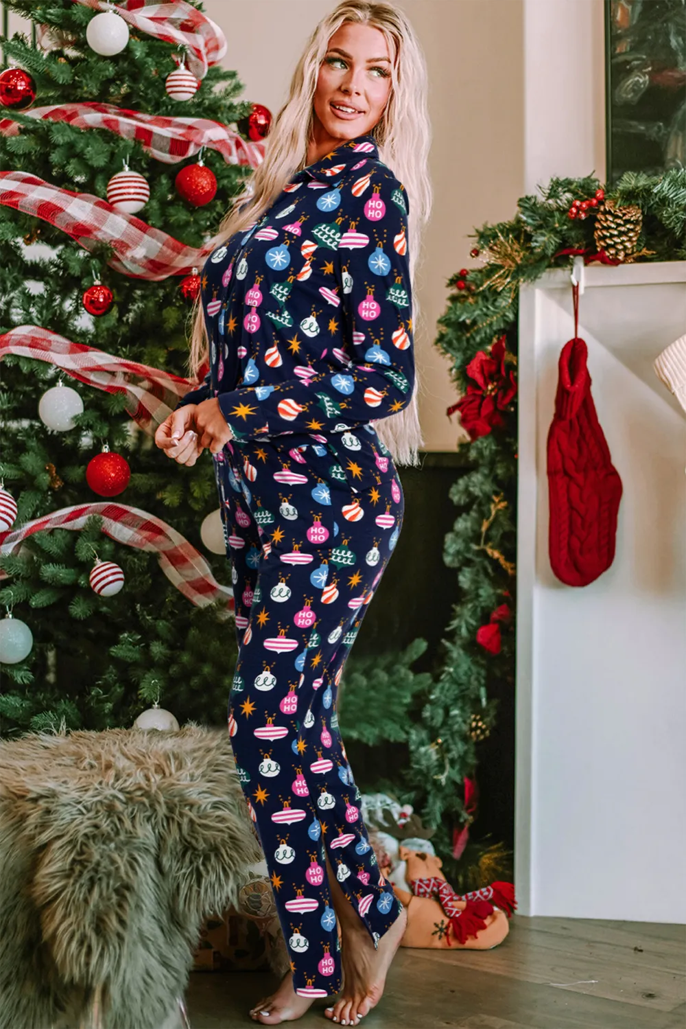 Christmas Lights Print Collared Neck Top and Pants Set Carauana Store