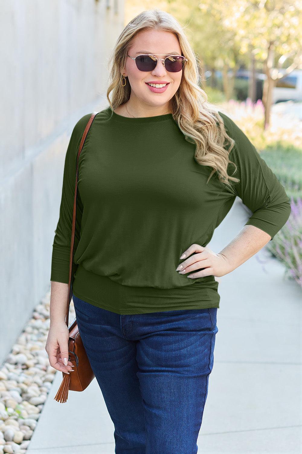 Basic Bae Full Size Round Neck Batwing Sleeve Blouse Carauana Store