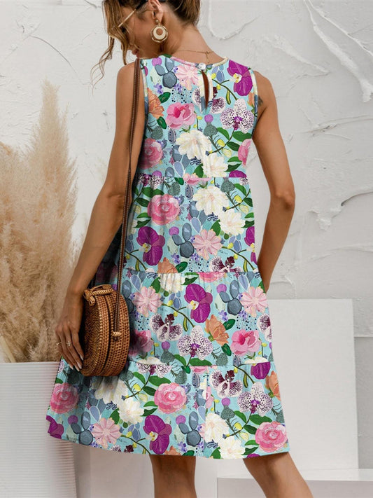 Printed Round Neck Sleeveless Tiered Dress Carauana Store