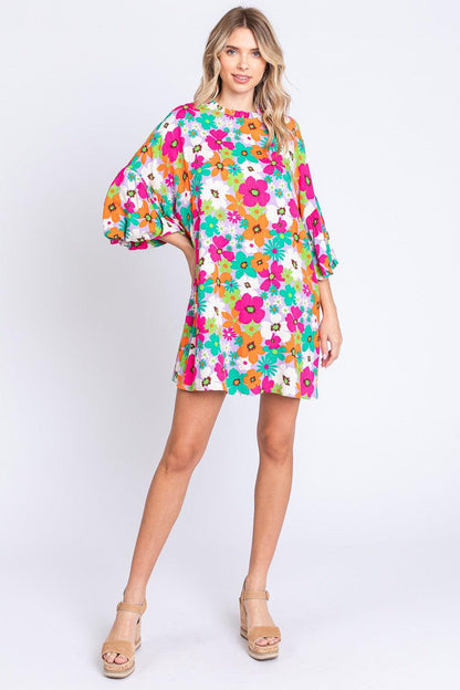 GeeGee Full Size Floral Round Neck Lantern Sleeve Mini Dress Carauana Store